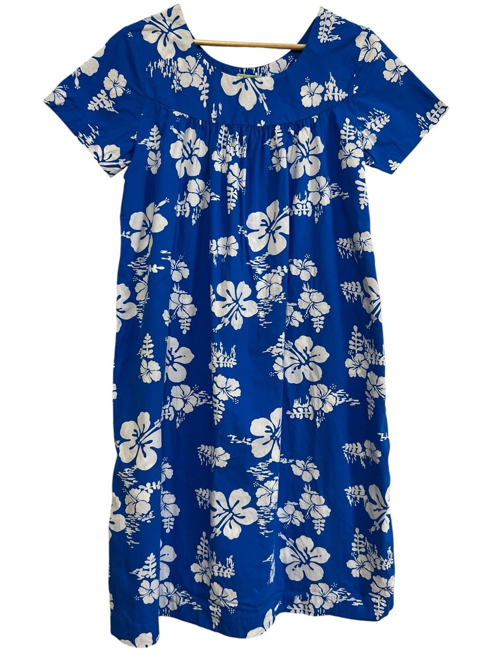 Vtg Ui-Maikai Traditional Hawaiian Muumuu Dress Blue White Hibiscus Size M/L